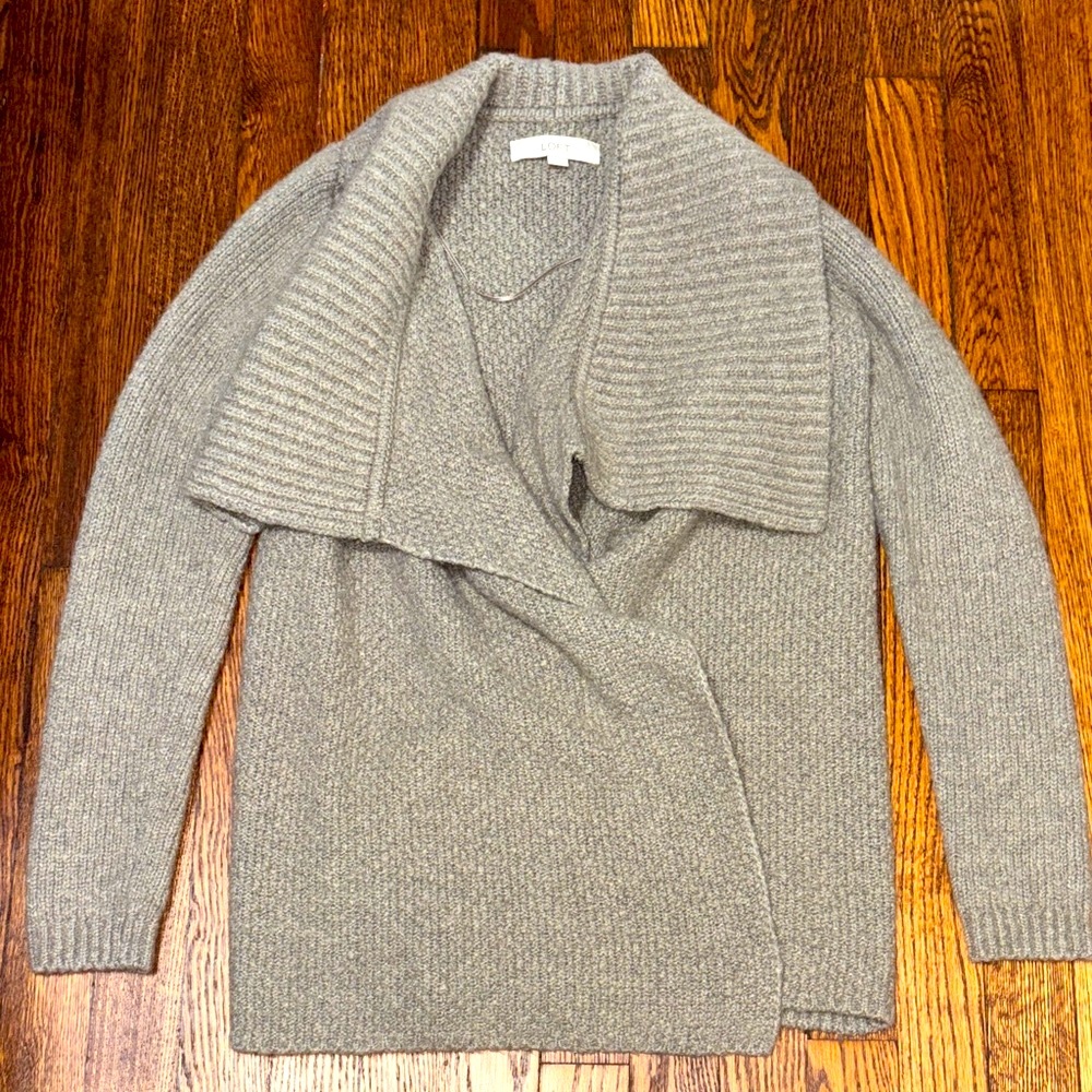 LOFT Heather Gray Draped Open-Front Shawl Collar Cardigan